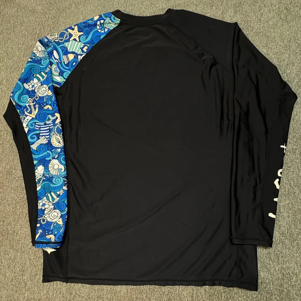 LAFROI Burst Mens Rash Guard Long Sleeve Swim‎ Shirt Black Blue Nautical XXL